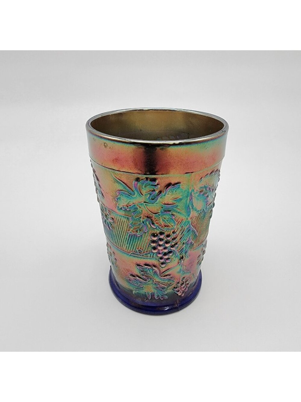 Antique 1912 Dugan Cobalt Blue Carnival Glass Tumbler Floral & Grape Pattern